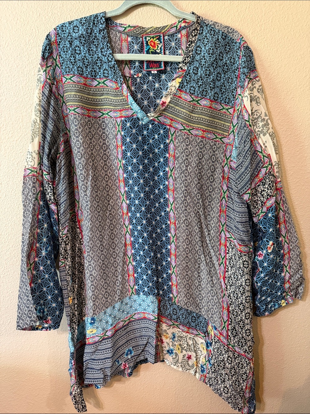 Johnny Was Ash Blue Multi-Pattern V-Neck Tunic with Pink & Cream Accents